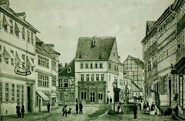 Bild: Alte Ansicht der Wasserkunst mit der Leda in der Unteren Rautenstra&szlig;e nach 1818