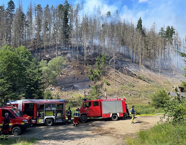 Bild: Waldbr&auml;nde stellen f&uuml;r die Feuerwehren oft eine gro&szlig;e Herausforderung dar: Steilhanglagen mit schlechter Begehbarkeit oder die schwierige L&ouml;schwasserbereitstellung, wie hier im Forstrevier Meura im Juli 2024, sind nur zwei davon