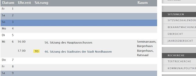 Bild: Screenshot des Sitzungskalenders (28.01.2019 07:52)