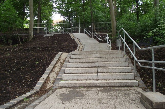 Bild: Vorbildlich. Die neue Gehegetreppe macht Fortschritte. Das Werk soll beendet sein, bevor der Herbst einzieht.