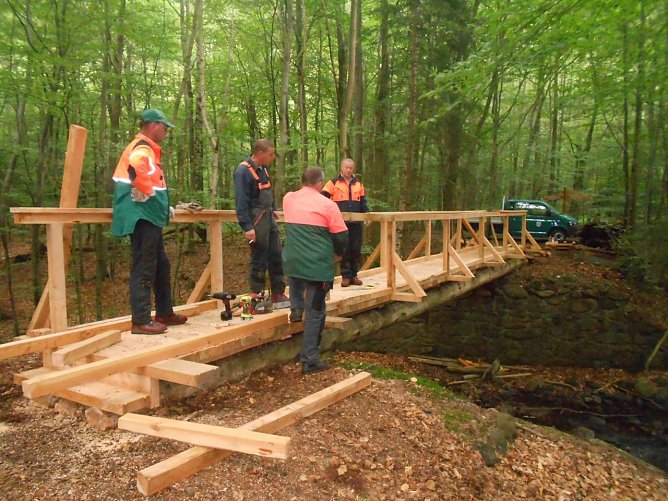 Die Nationalpark-Forstwirte des Reviers Ilsenburg bei Bau der von ihnen errichteten Br&uuml;cke, von links. Ralf Grahmann, Marzel Drube, Martin Baumbach und Klaus-Dieter Kahn (Foto: J&ouml;rg M&uuml;ller)