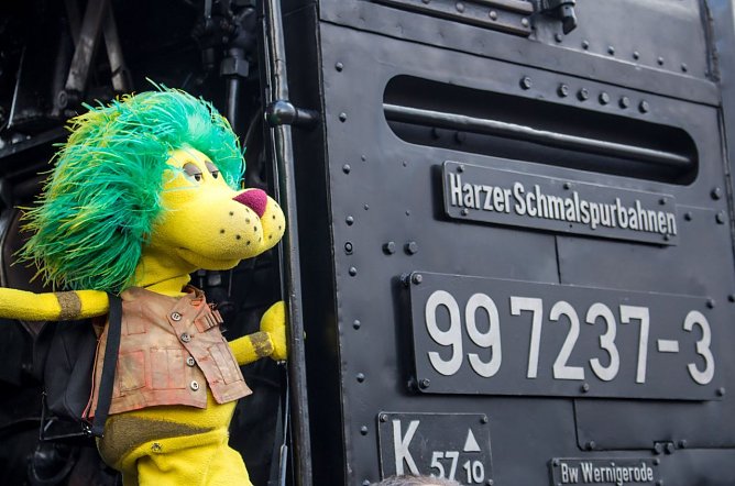L&ouml;we OLI auf Erkundungstour mit der HSB (Foto: Harzer Schmalspurbahn)