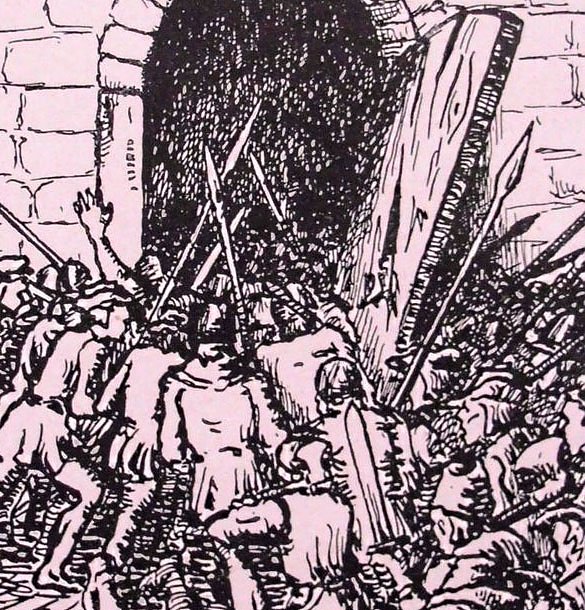 Sturm auf das Riesenhaus 1375 - Zeichnung von Fritz Teichmüller (Foto: Museum Tabakspeicher) Sturm auf das Riesenhaus 1375 - Zeichnung von Fritz Teichmüller (Foto: Museum Tabakspeicher)