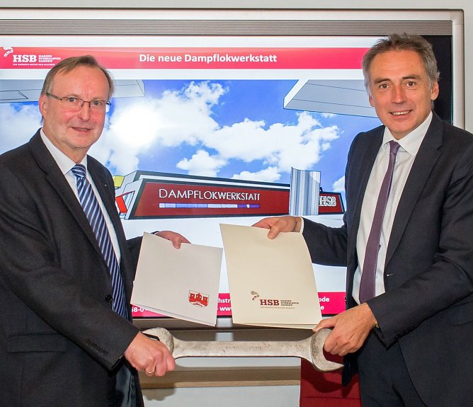 Oberb&uuml;rgermeister Peter Gaffert und HSB-Gesch&auml;ftsf&uuml;hrer Matthias Wagener (Foto: HSB/Dirk Bahnsen)