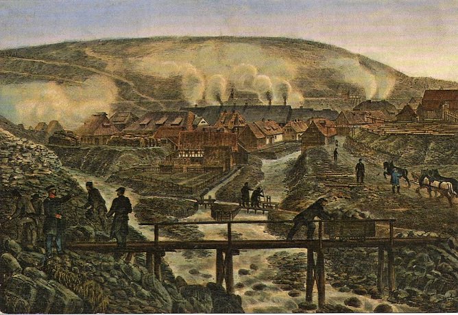 Die Frankenscharrnh&uuml;tte bei Clausthal-Zellerfeld um 1840 - eine der gravierendsten Schwermetallquellen im Oberharz. Kolorierte Lithographie nach einer Zeichnung von Wilhelm Ripe (Foto: Dipl.-Ing. Manfred Lischke)