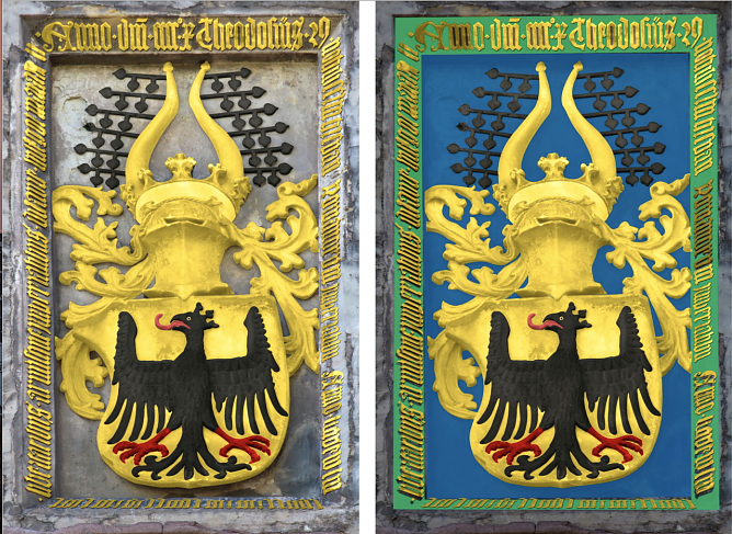 So k&ouml;nnte der "Theo" restauriert aussehen - der linke Entwurf zeigt den Stein ohne originale Farbgebung, der rechte eine Ann&auml;herung an die am Stein vorgefundenen Farbelemente (Foto: Michael Garke)