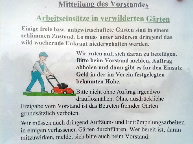 Der Vorstand wirbt f&uuml;r Arbeitseins&auml;tze in verwilderten G&auml;rten. Hilfreich w&auml;re f&uuml;r Neu-G&auml;rtnerin Ursula Sacher ein Container, um weiteren Unrat, der sich in den Jahren anh&auml;ufte und den sie allein nicht wegschaffen kann, zu entsorgen. (Foto: kunk)