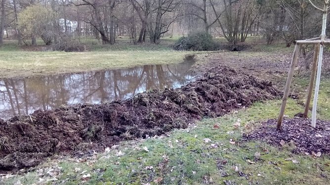 Mit Beginn der warmen Jahreszeit wird wohl so mancher Parkbesucher vor dem aktivierten Feuchtbiotop �auf einer Bank �verweilen und darauf �hoffen, auch deren Bewohner zu erblicken. Bis dahin sind auch� die Erdhaufen bereinigt. (Foto: Rosaline Frank)