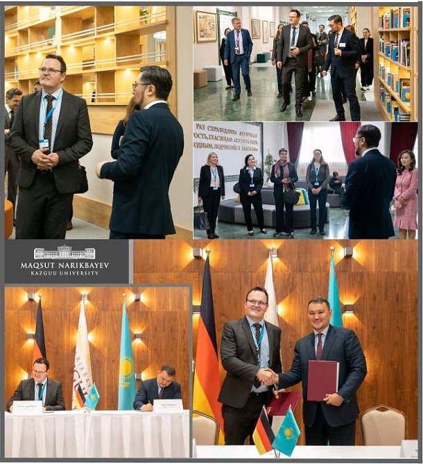 Hochschulpr&auml;sident Prof. Dr. J&ouml;rg Wagner mit dem Vorsitzenden des Universit&auml;tsrats der KAZGUU Talgat Narikbayev bei der Unterzeichnung des Memorandums | die Wissenschaftsdelegation in Begleitung der AHK Zentralasien und der KAZGUU University (Foto: Privat)