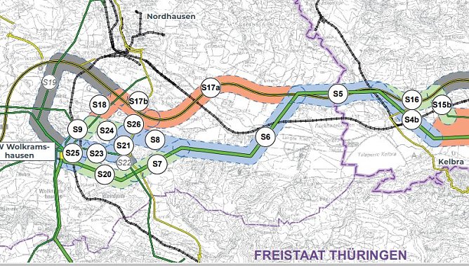 &Uuml;bersichtsplan der m&ouml;glichen Korridore, welche von 50 Hertz untersucht wurden. Die Bundesnetzagentur hat die Variante S6 + S7 festgelegt. Die IG fordert die Variante S17a + S17b. (Foto: M. Hesse)