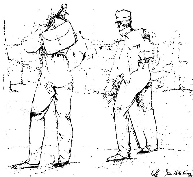 Zeichnung von Georg Kersting:  Caspar David Friedrich und Gottlob Christian K&uuml;hn im Reisekost&uuml;m vom R&uuml;cken gesehen im Harz, rechts signiert im Blatt GK. den 16.6.1811.  (Foto: H.Kneffel)