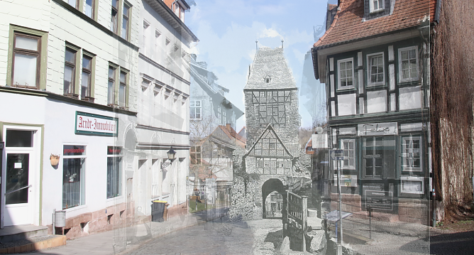 Das alte Barf&uuml;&szlig;er Tor im Nordhausen von heute, Fotomontage (Foto: agl)