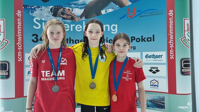 Frida Flagmeyer (Mitte) gl&auml;nzt beim Pokal (Foto: SVN 90)