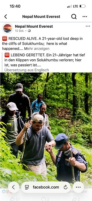 Bild: Auch diese Facebok-Seite, auf der &uuml;ber verschiedene Rettungsaktionen rund um den Mount Everest berichtet, enth&auml;lt einen Artikel &uuml;ber die Rettung von Elias. 