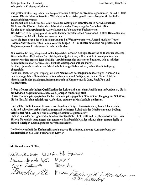 Bild: Brief der Lehrer der Kreismusikschule