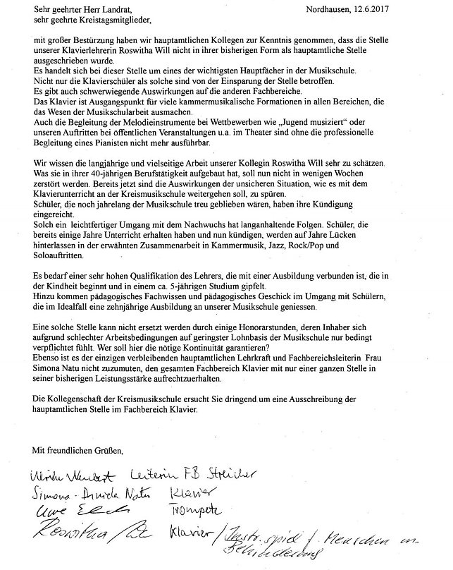 Bild: Brief der Lehrer der Kreismusikschule