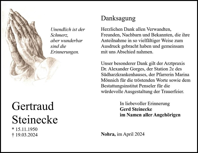 Gertraud Steinecke  Danksagung (Foto: Bestattungshaus PENSELER)