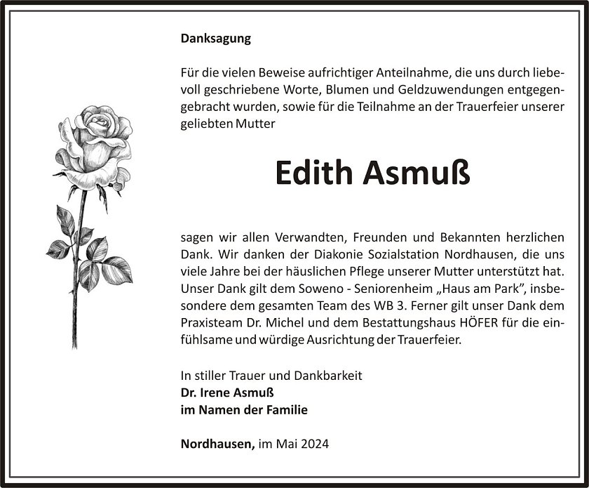 Dankanzeige Edith Asmu&szlig; (Foto: H&Ouml;FER)