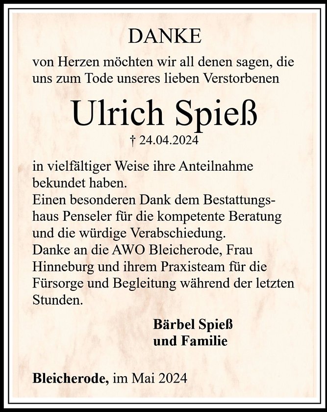 Ulrich Spie&szlig; Danksagung (Foto: Bestattungshaus PENSELER)