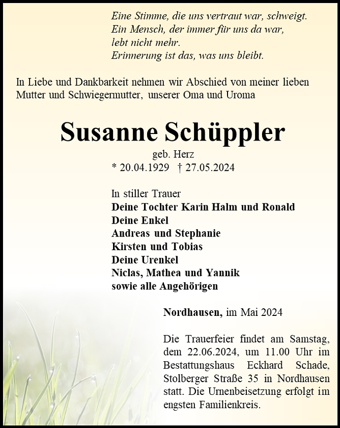 Traueranzeige (Foto: Bestattungshaus Schade)