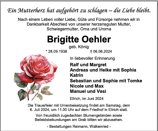 Traueranzeige Brigitte Oehler (Foto: Bestattungen Reimann)
