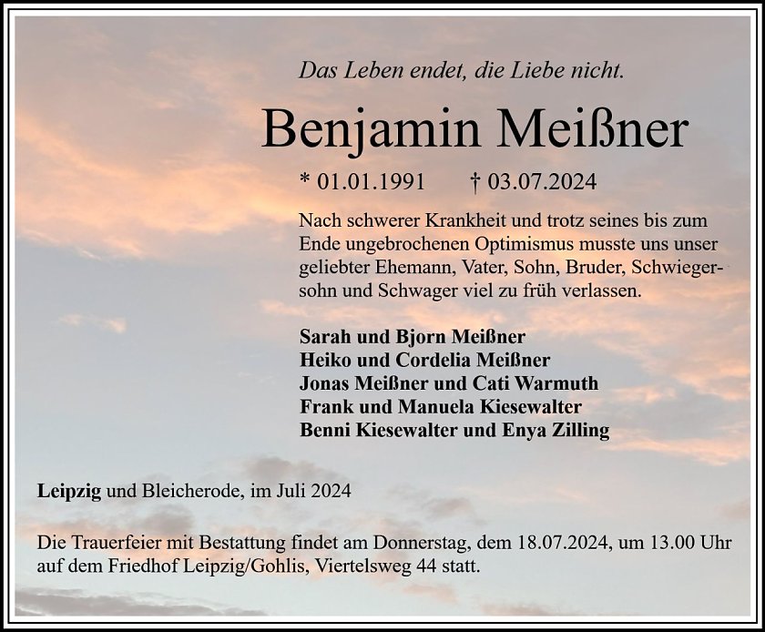 Traueranzeige Benjamin Mei&szlig;ner (Foto: Familie Mei&szlig;ner)