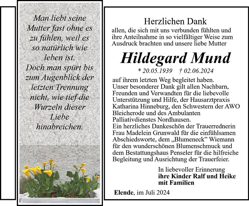 Hildegard Mund Danksagung (Foto: Familie Mund)