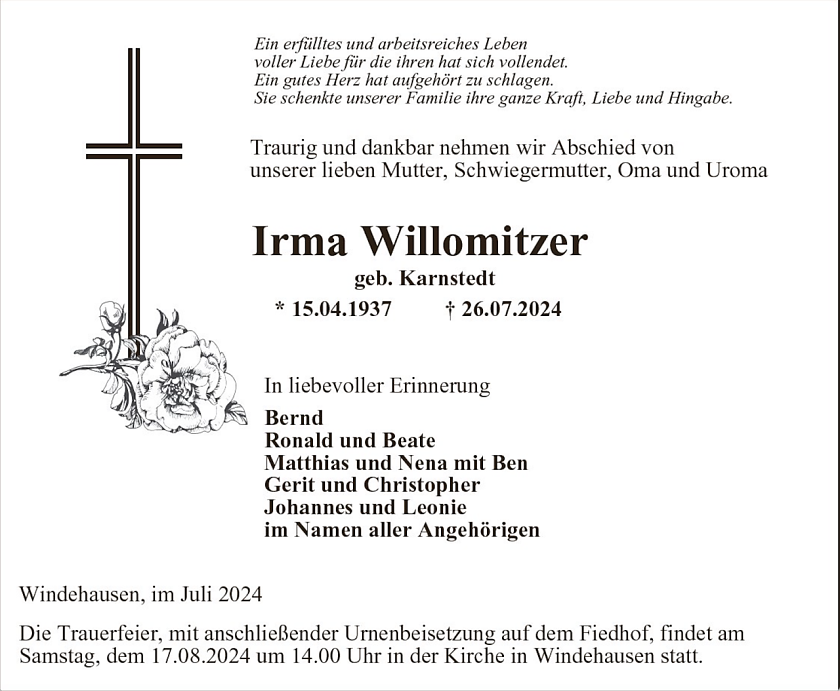 Traueranzeige Willomitzer (Foto: privat)