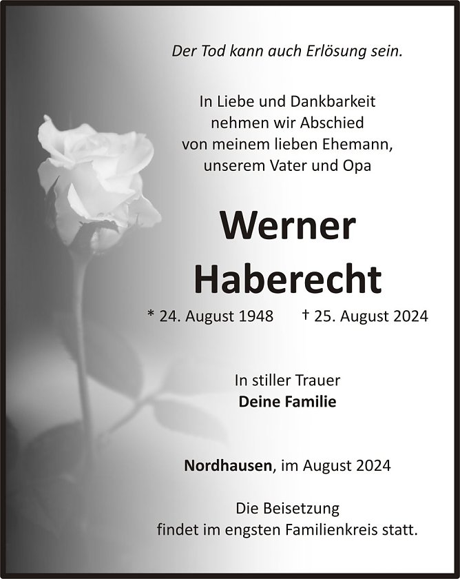 Traueranzeige Werner Haberecht (Foto: keine Angaben)