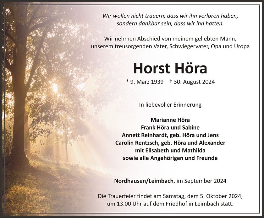 Traueranzeige Horst H&ouml;ra (Foto: keine Angaben)