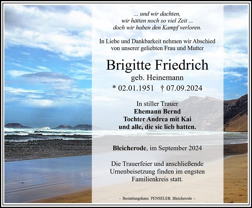 Traueranzeige Brigitte Friedrich (Foto: Bestattungshaus PENSELER)