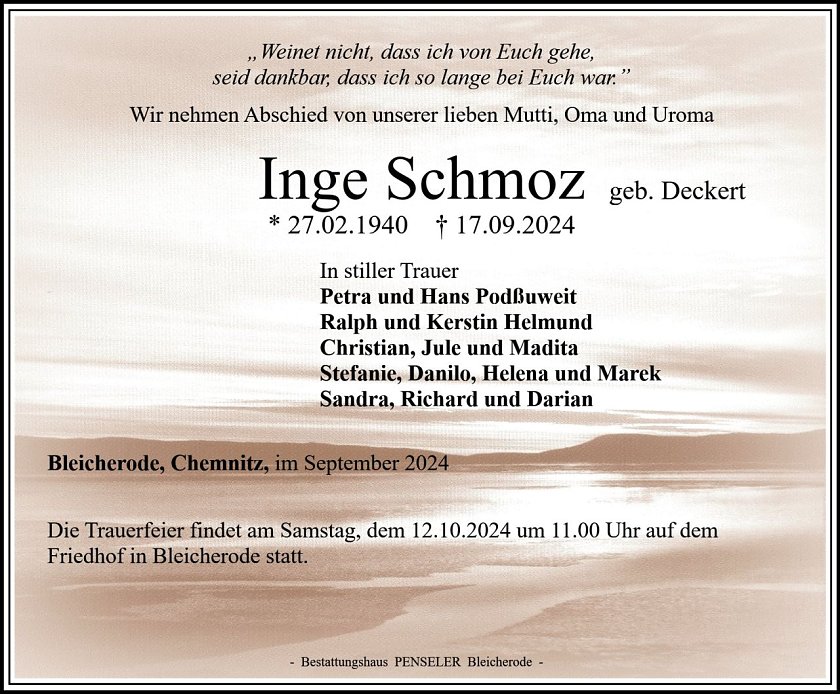Traueranzeige Inge Schmoz (Foto: Bestattungshaus PENSELER)