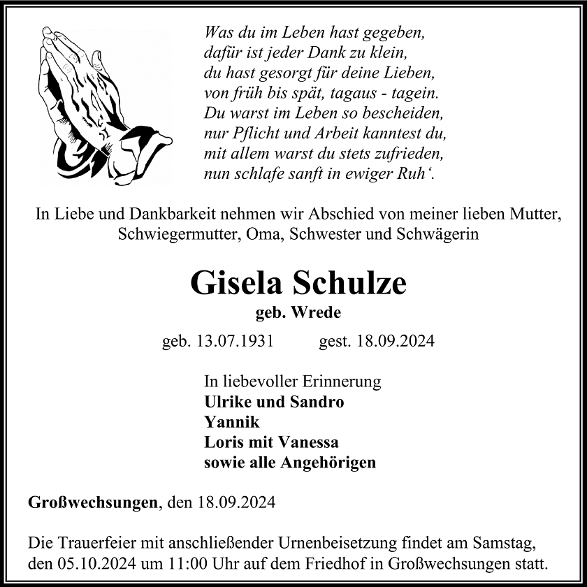 Traueranzeige Gisela Schulze (Foto: Loris Fiedler)