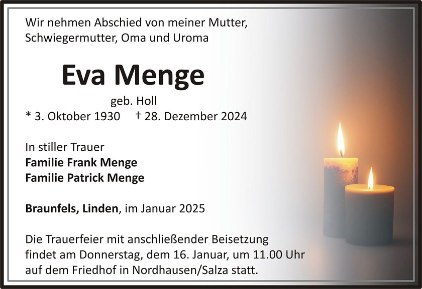 Traueranzeige Eva Menge (Foto: keine Angaben)