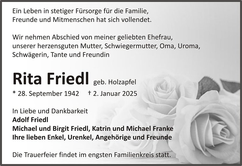 Traueranzeige Rita Friedl (Foto: keine Angaben)
