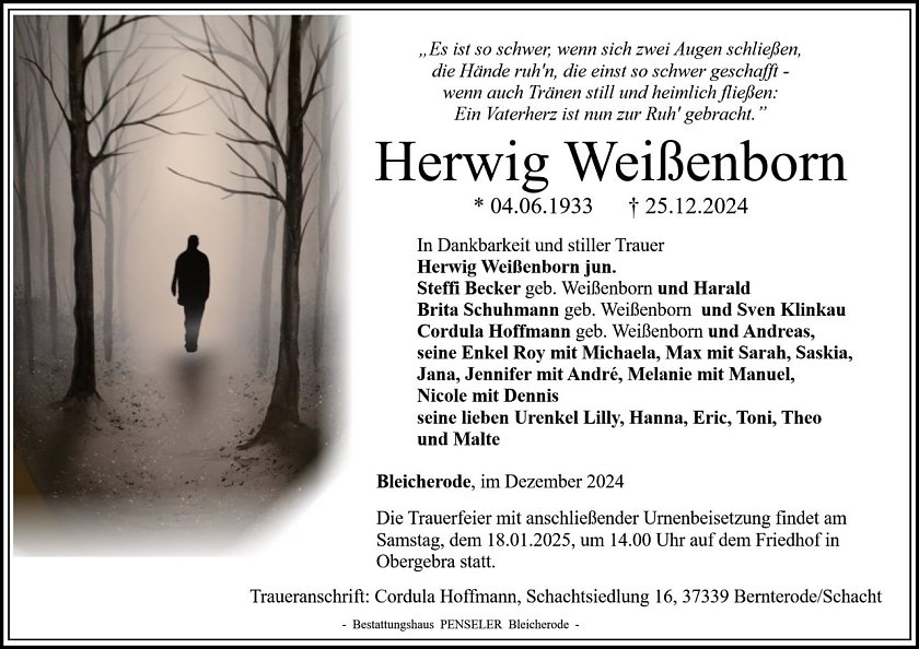 Traueranzeige H. Wei&szlig;enborn (Foto: Bestattungshaus Penseler)