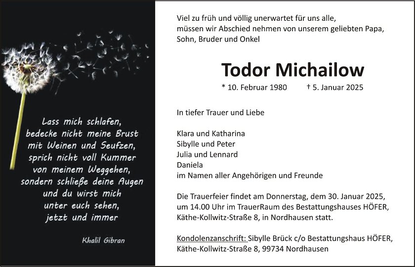Traueranzeige Todor Michailow (Foto: H&Ouml;FER)