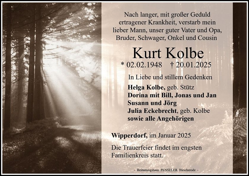 Traueranzeige Kurt Kolbe (Foto: Penseler)