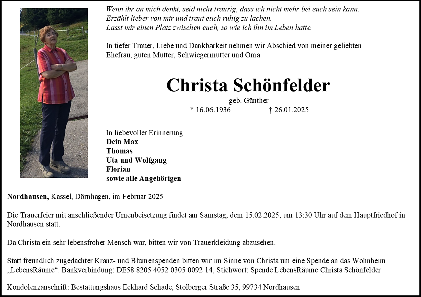 Traueranzeige (Foto: Bestattungshaus Schade)