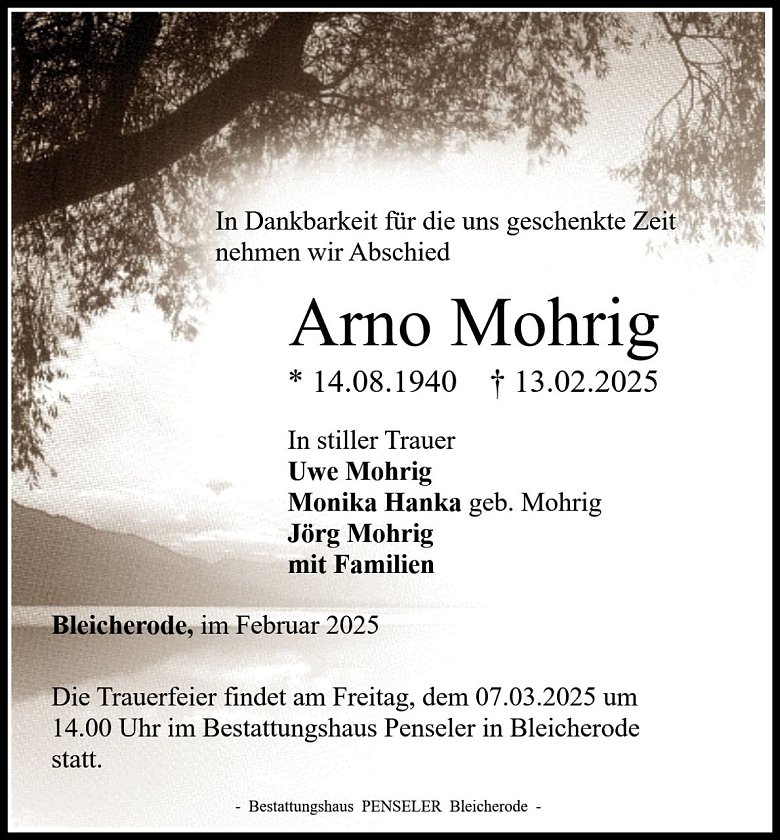 Traueranzeige Arno Mohrig (Foto: Bestattungshaus Penseler)