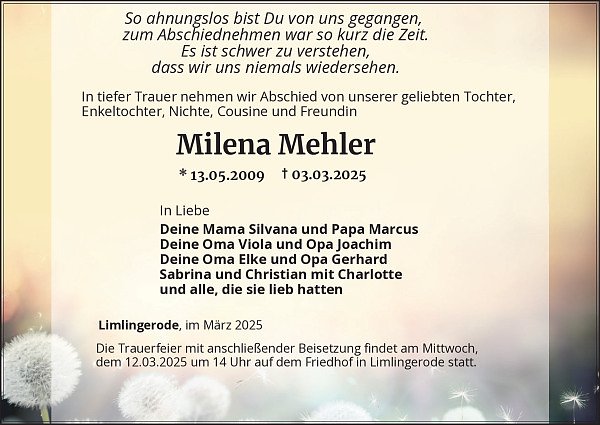 Traueranzeige (Foto: Bestattungsinstitut Westerhausen)