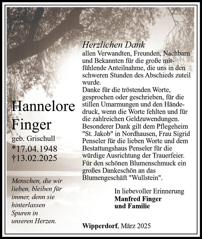 Danksagung Hannelore Finger (Foto: Bestattungshaus Penseler)