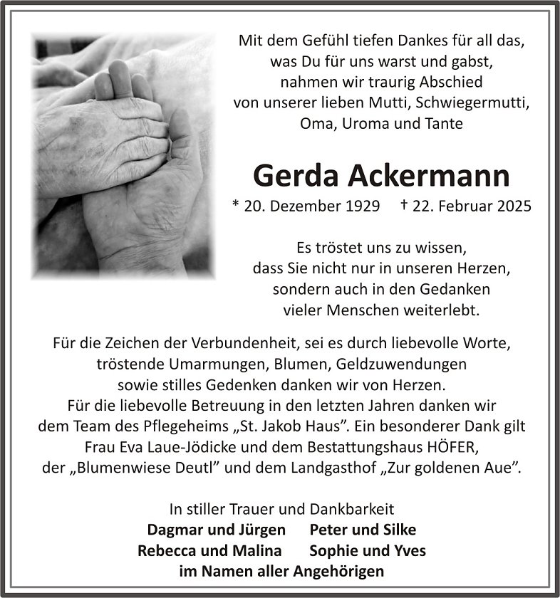Traueranzeige Gerda Ackermann (Foto: keine Angaben)