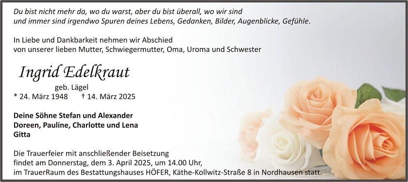 Traueranzeige Ingrid Edelkraut (Foto: keine Angaben)