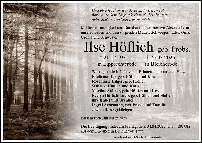 Traueranzeige Ilse H&ouml;flich (Foto: Bestattungshaus Penseler)