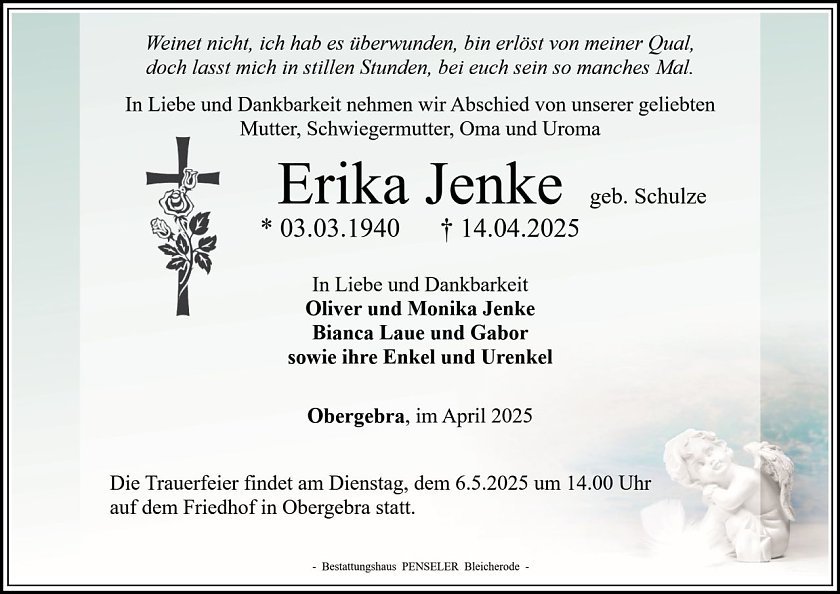 Traueranzeige Erika Jenke (Foto: Bestattungshaus Penseler)