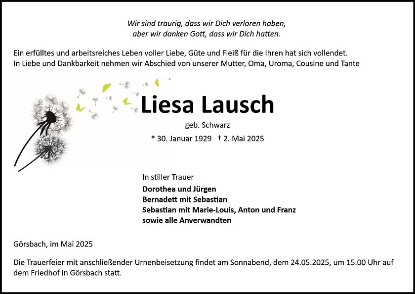 Traueranzeige (Foto: Bestattung Baumgarten)