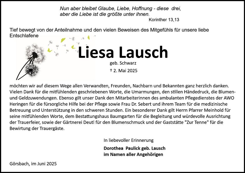 Danksagung (Foto: Bestattung Baumgarten)