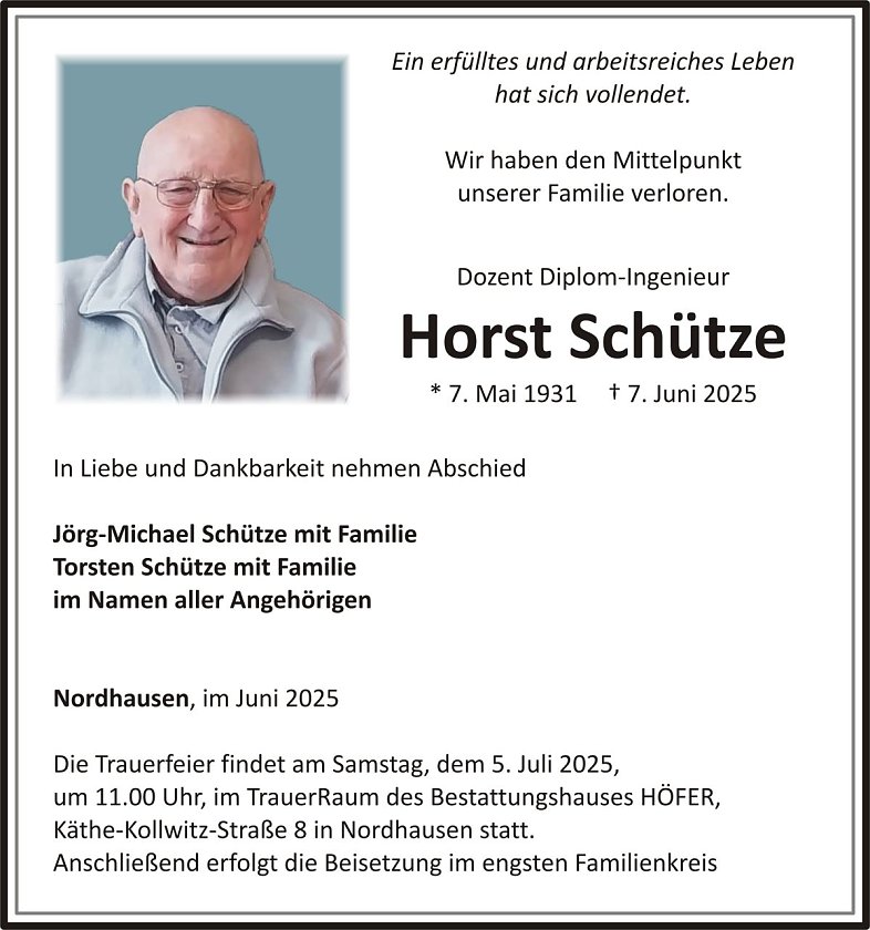 Traueranzeige Horst Sch&uuml;tze (Foto: keine Angaben)
