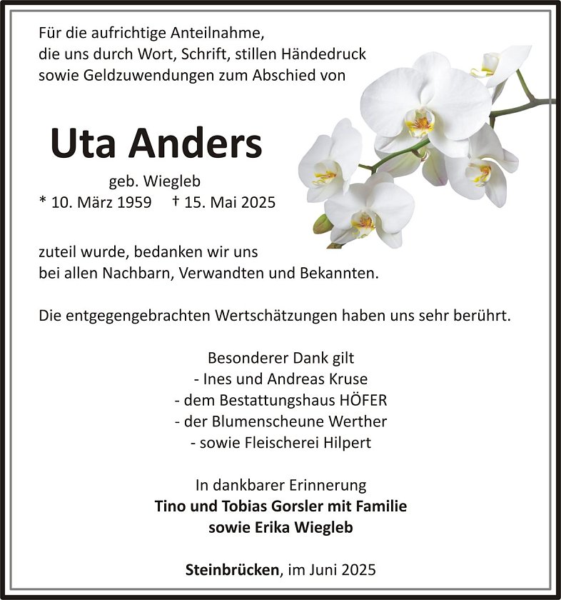 Dankanzeige Uta Anders (Foto: keine Angaben)